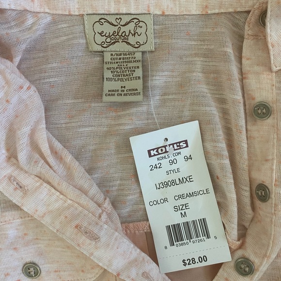 Eyelash Couture Half Button Shirt Women’s Medium Orange (Creamsicle)Sheer Back - Picture 2 of 8